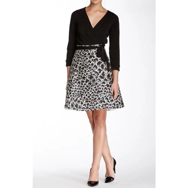 Diane Von Furstenberg Amelia Wrap Dress Black White Knee Length Women's 6