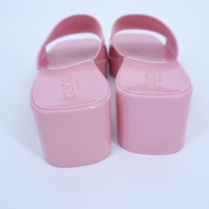 GUCCI Platform Heeled Slides Wild Rose Pink Rubber Logo Slip On Women's 36/US 6