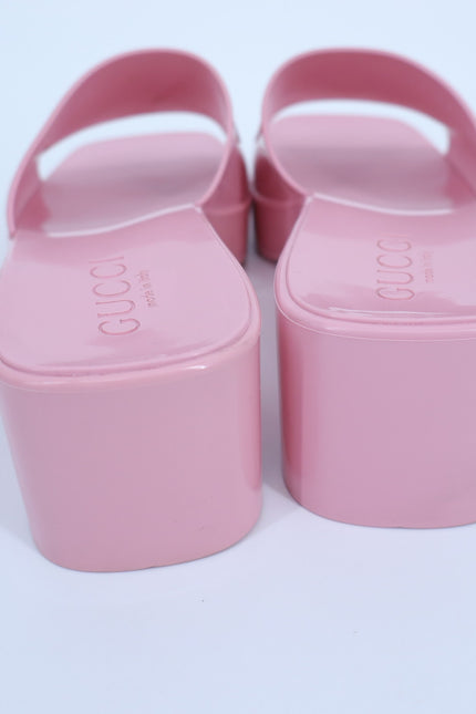 GUCCI Platform Heeled Slides Wild Rose Pink Rubber Logo Slip On Women's 36/US 6