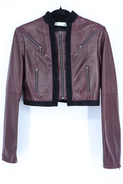 MATHIEU MIRANO Leather Cropped Jacket Maroon and Black Long Sleeve Women's S