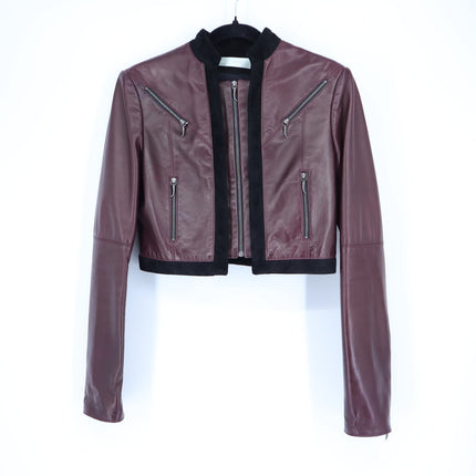 MATHIEU MIRANO Leather Cropped Jacket Maroon and Black Long Sleeve Women's S