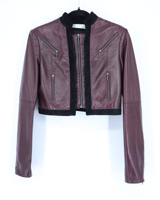MATHIEU MIRANO Leather Cropped Jacket Maroon and Black Long Sleeve Women's S