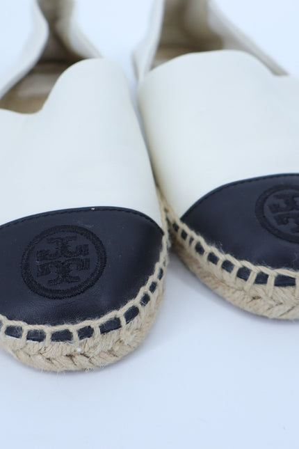 TORY BURCH Cap Toe Espadrilles White and Black Flat Leather Slip On Women's 6M