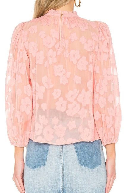 ULLA JOHNSON Sandrine Blouse Pink Floral Jacquard Long Sleeve Women's 10