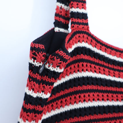 ST. JOHN Crochet Stripe Tank Red Black and White Sleeveless Knit Women's M