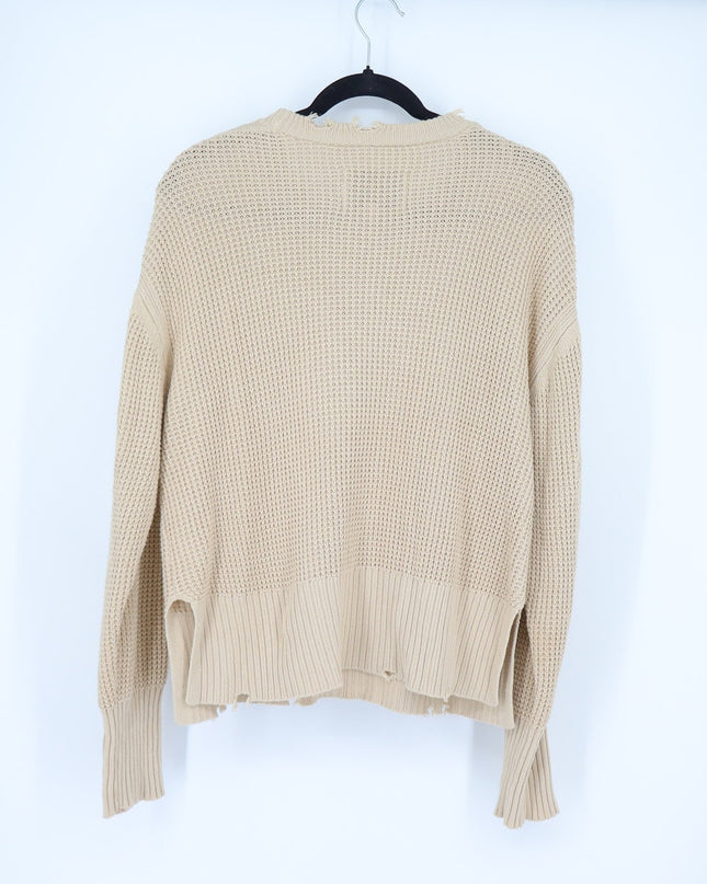Pistola Olga Distressed Pullover Sweater Khaki Crew Neck Waffle Knit Women's S