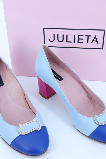 JULIETA Zoe Leather Colorblock Pumps Black and Silver Block Heel Women's 7
