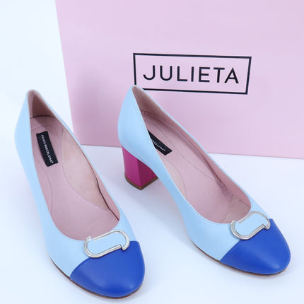 JULIETA Zoe Leather Colorblock Pumps Black and Silver Block Heel Women's 7