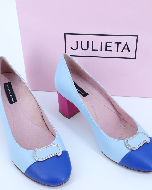 JULIETA Zoe Leather Colorblock Pumps Black and Silver Block Heel Women's 7