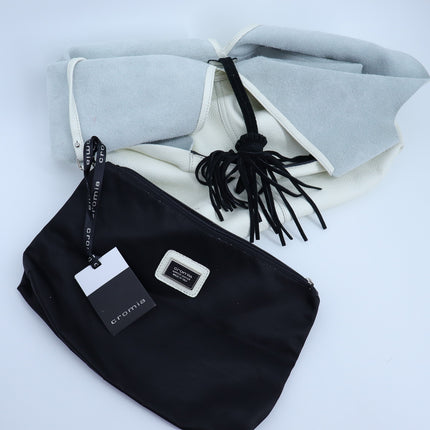 Cromia Kika Hobo Bag Fold Over Ivory Pebble Leather Purse Black Tassel