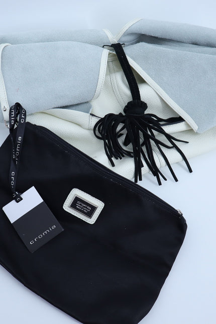 Cromia Kika Hobo Bag Fold Over Ivory Pebble Leather Purse Black Tassel