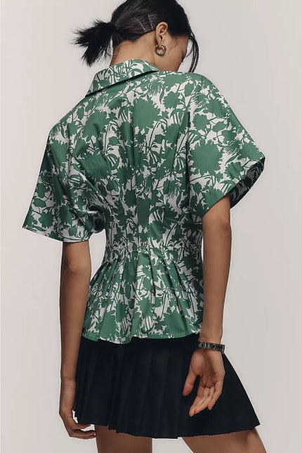 EXQUISE Green Tobie Blouse Short Sleeve Pleated Button Front Women's S
