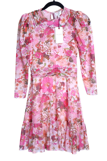 TED BAKER NWT Mildrd Mesh Mini Dress Pink Ruffle Shoulder Gathers Women's 0