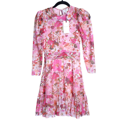 TED BAKER Mildrd Mesh Mini Dress NWT Pink Ruffle Shoulder Gathers Women's 0