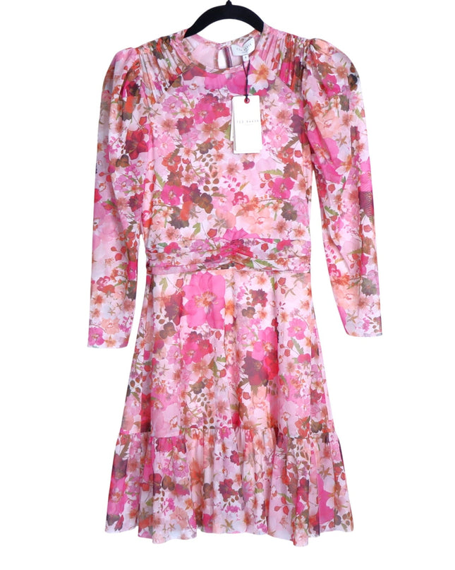 TED BAKER Mildrd Mesh Mini Dress NWT Pink Ruffle Shoulder Gathers Women's 0