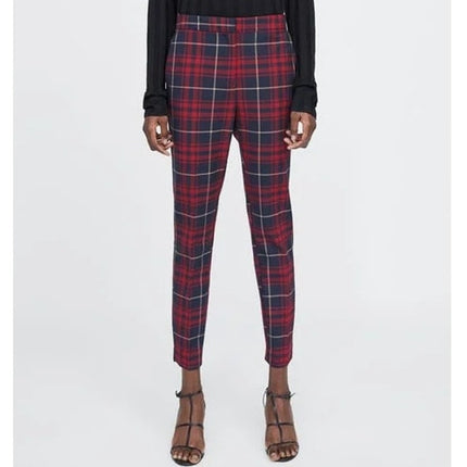 Zara Basic Plaid Skinny Trouser Red and Navy NWT Split Hem Pant Women's XS