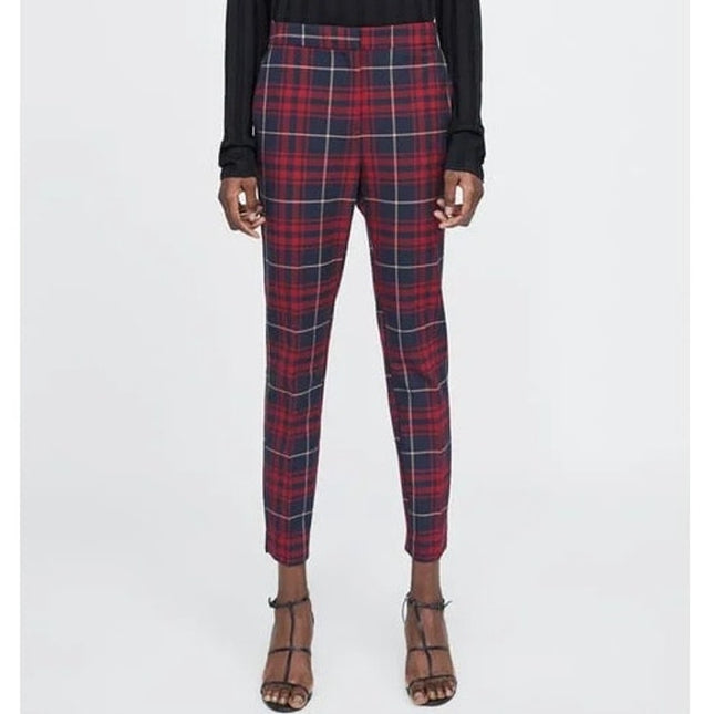 Zara Basic Plaid Skinny Trouser Red and Navy NWT Split Hem Pant Women's XS