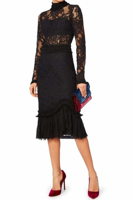 ALEXIS Black Anabella Lace Sheath Dress Long Sleeve Ruffle Knee Length Women's M