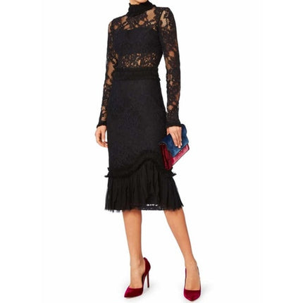 ALEXIS Anabella Lace Sheath Dress Black Long Sleeve Ruffle Knee Length Women's M