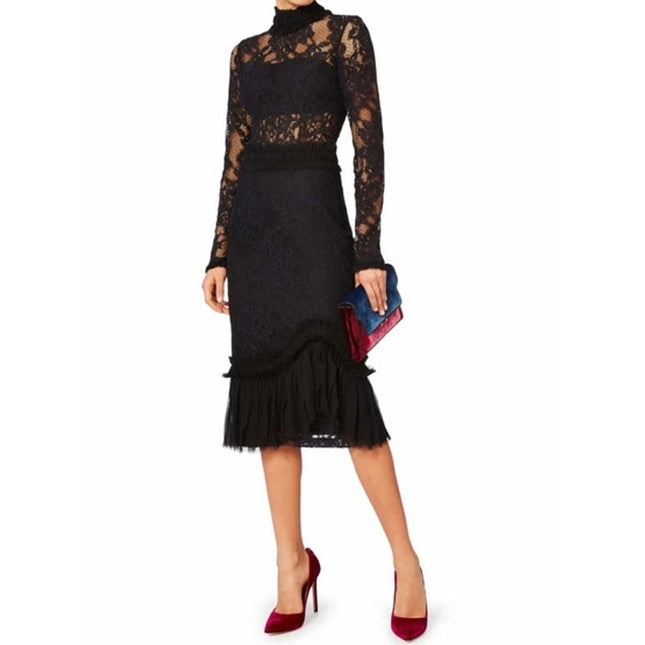 ALEXIS Anabella Lace Sheath Dress Black Long Sleeve Ruffle Knee Length Women's M