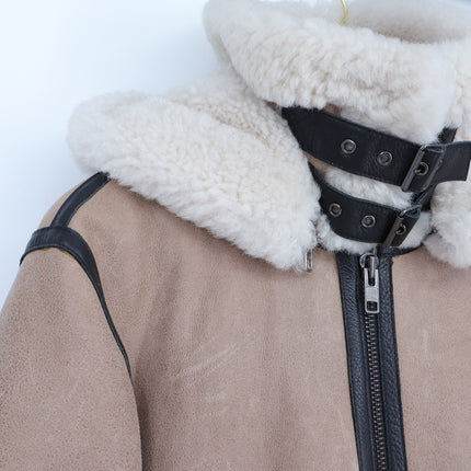 SAM Farryn Shearling Aviator Jacket Tan Black Leather Long Sleeve Coat Women's M