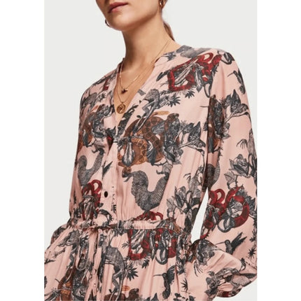 Scotch & Soda Printed Silk Midi Dress Pink Waist Tie Long Sleeve Women's XS
