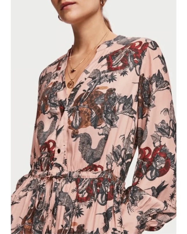 Scotch & Soda Printed Silk Midi Dress Pink Waist Tie Long Sleeve Women's XS