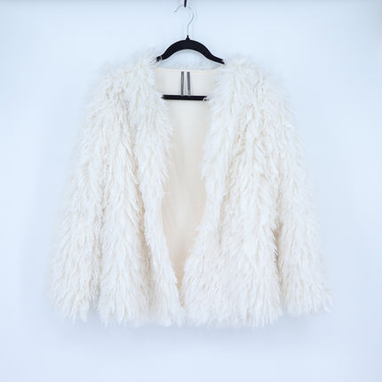 Anthropologie Shaggy Faux Fur Jacket White Open Knit Long Sleeve Women's XS