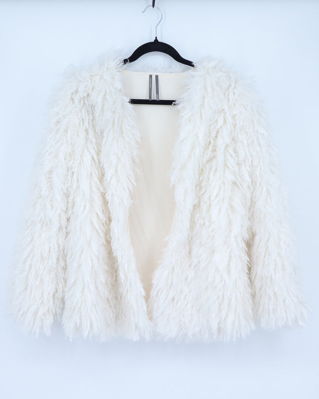 Anthropologie Shaggy Faux Fur Jacket White Open Knit Long Sleeve Women's XS