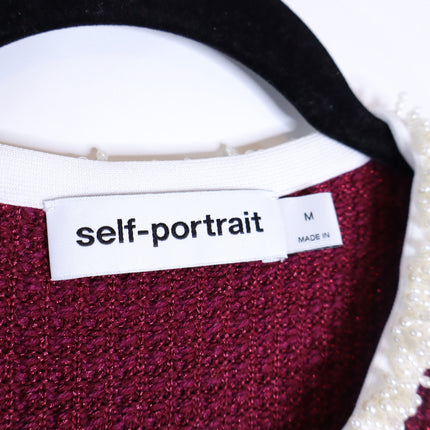 Self-Portrait Burgundy Pearl Trim Knit Midi Dress Long Sleeve Women's M