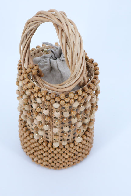 ROSANTICA Wicker and Bead Bucket Bag MSRP $2448 Natural Brown Raffia Boho