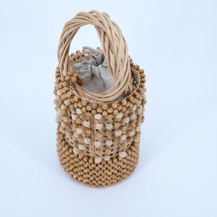ROSANTICA Wicker and Bead Bucket Bag MSRP $2448 Natural Brown Raffia Boho