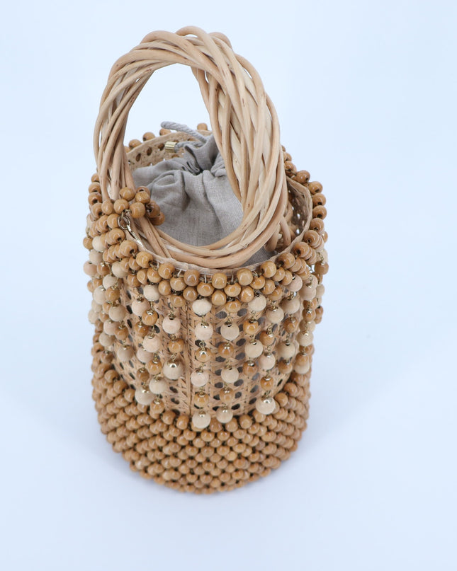 ROSANTICA Wicker and Bead Bucket Bag MSRP $2448 Natural Brown Raffia Boho