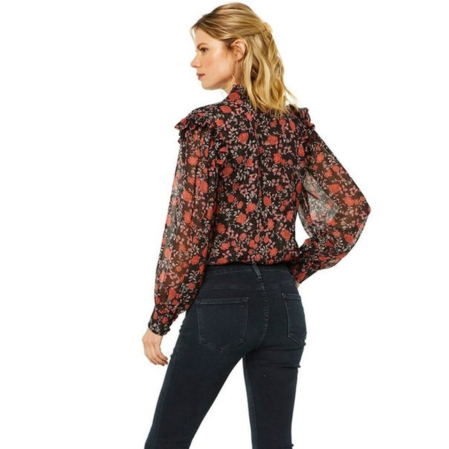 Misa Analeigh Floral Blouse Black Ruffled Button Up Long Sleeve Top Women's XS