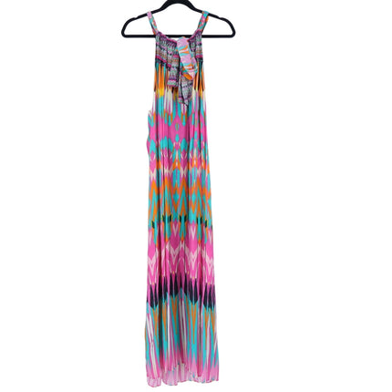 Camilla Printed Silk Maxi Dress Pink Turquoise High Neck Embellished Women's O/S