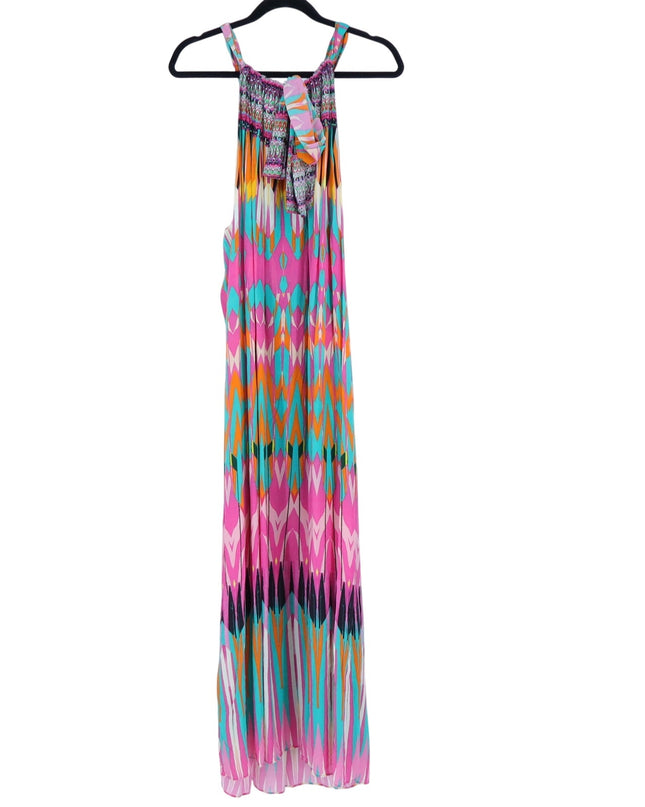 Camilla Printed Silk Maxi Dress Pink Turquoise High Neck Embellished Women's O/S