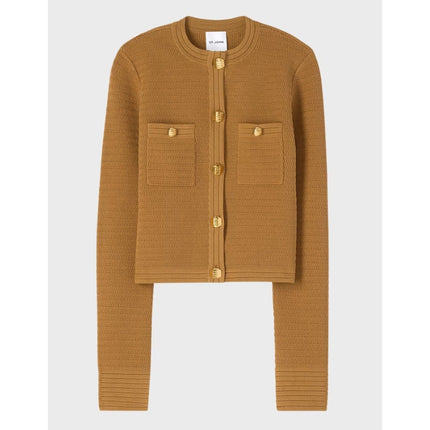 ST. JOHN Racking Stitch Knit Cardigan Tan Front Pockets Button Up Women's L