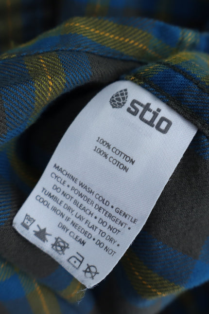 STIO Plaid Flannel Button Up Shirt Brown and Yellow Cotton Long Sleeve Men's L