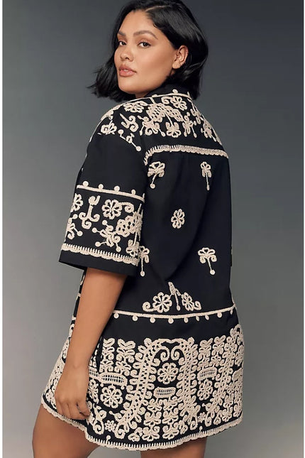 MAEVE Short Sleeve Collared Mini Shirt Dress Black Embroidered Casual Women's XS
