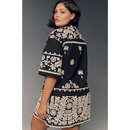 MAEVE Short Sleeve Collared Mini Shirt Dress Black Embroidered Casual Women's XS