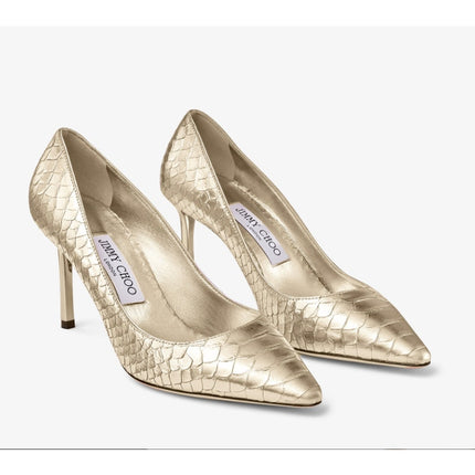 JIMMY CHOO Romy 85 Snake Embossed Pumps Champagne Metallic Women's 38.5/US 8.5