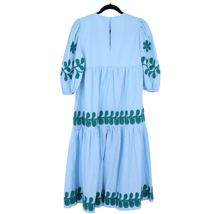 by ANTHROPOLOGIE Embroidered Midi Dress Light Blue Puff Sleeve Women's XS