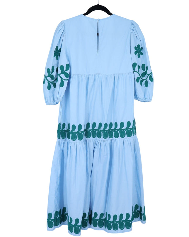 by ANTHROPOLOGIE Embroidered Midi Dress Light Blue Puff Sleeve Women's XS