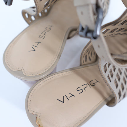 VIA SPIGA Lattice Heeled Sandals Taupe NWT Ankle Strap Peep Toe Women's 8