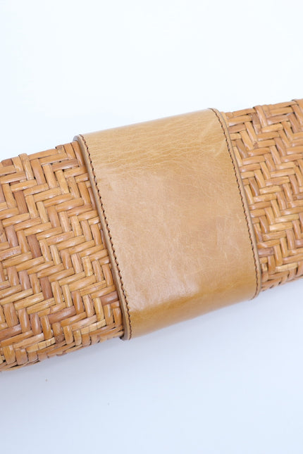 TORY BURCH Raffia Clutch with Beige Leather Top Flap Gold Hardware Canvas Lined