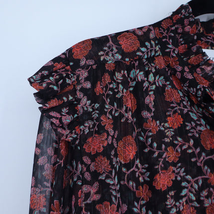 Misa Analeigh Floral Blouse Black Ruffled Button Up Long Sleeve Top Women's XS