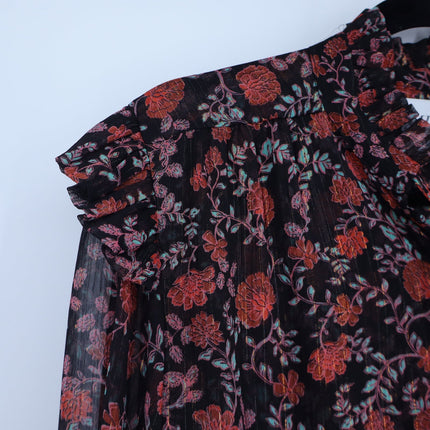 Misa Analeigh Floral Blouse Black Ruffled Button Up Long Sleeve Top Women's XS