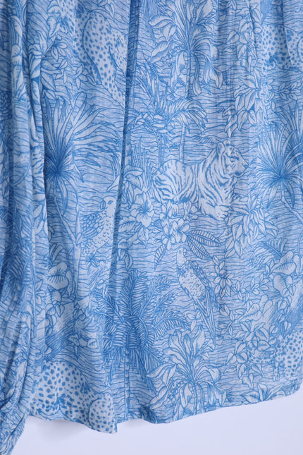 MISS JUNE Mona Button Up Blouse Blue Printed Cotton Short Sleeve Women's S/M