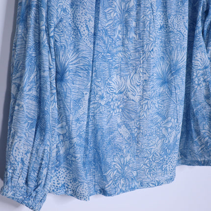 MISS JUNE Mona Button Up Blouse Blue Printed Cotton Short Sleeve Women's S/M