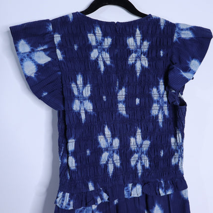 SEA Isla Midi Dress Navy Print Smocked Cotton Peasant Flutter Sleeve Women's 4